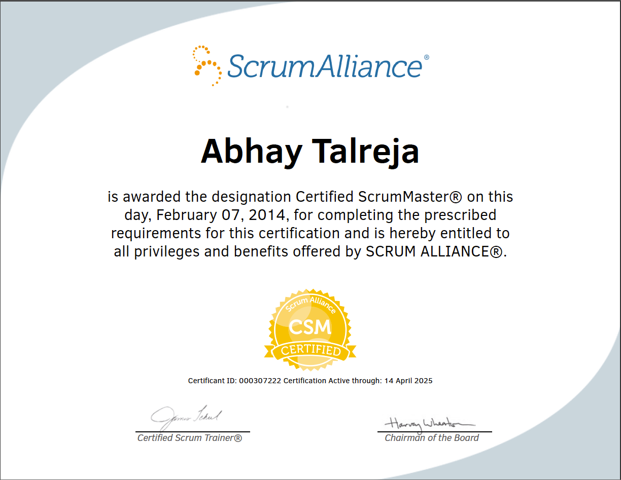 Abhay Talreja - Certified ScrumMaster certificate